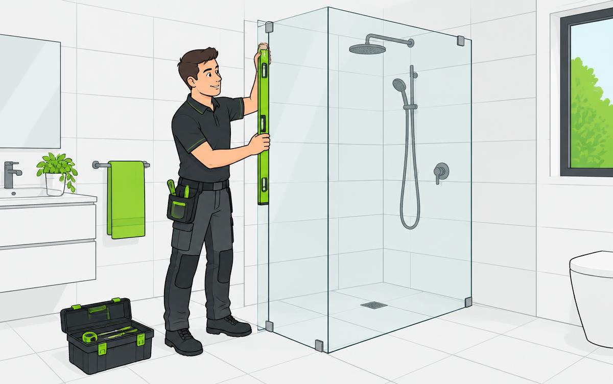Illustration of installer fitting a shower screen in a Ballarat bathroom